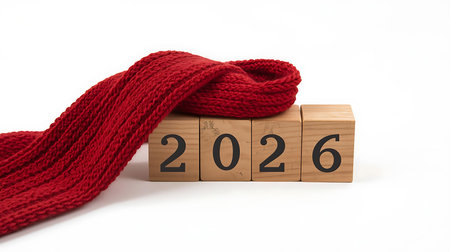 Wooden cubes with numbers 2026 and red scarf isolated on white backgroundの素材