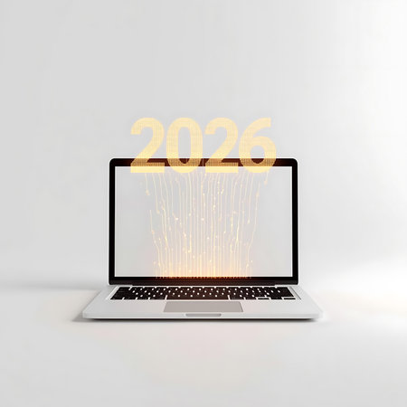 Creative New Year concept on laptop. 3D Rendering.の素材