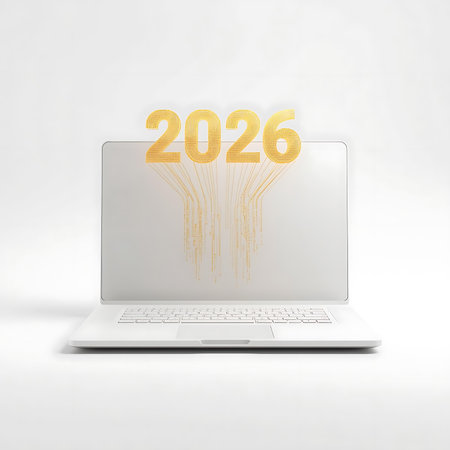 2026 with golden numbers on a laptop computer as a symbol of the coming year.の素材