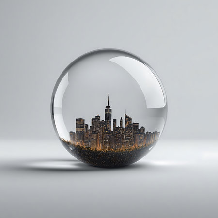 Glass sphere with modern city on the white background. 3D renderingの素材