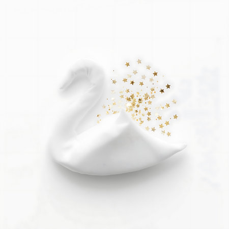 White swan on a white background with golden starsの素材