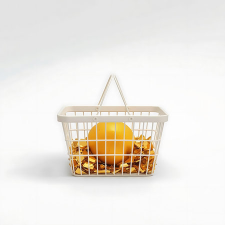 Shopping basket full of golden eggs isolated on a white background.の素材