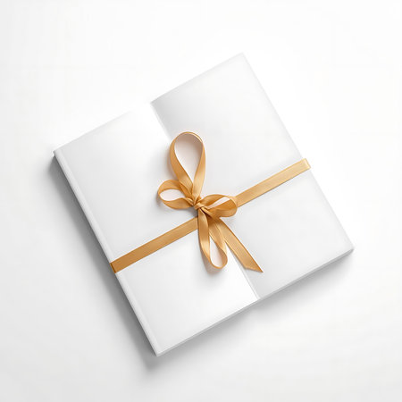 White gift box with gold ribbon on white background. Top view.の素材