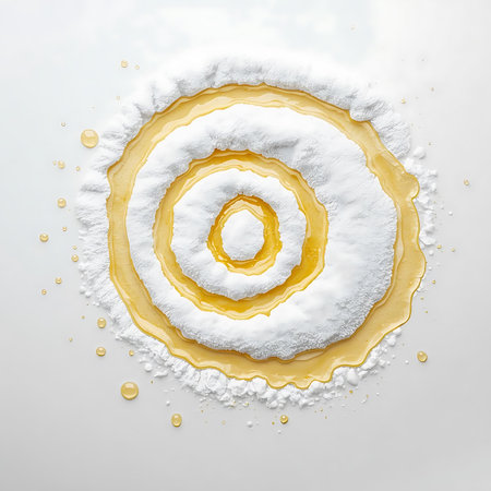 Circle made of flour and egg yolk on white background.の素材