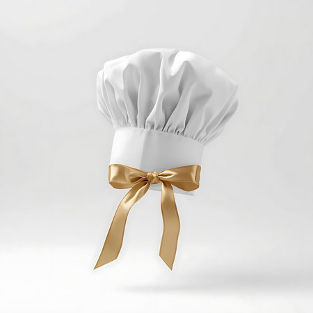 Chef hat with golden bow isolated on white background. 3d illustrationの素材