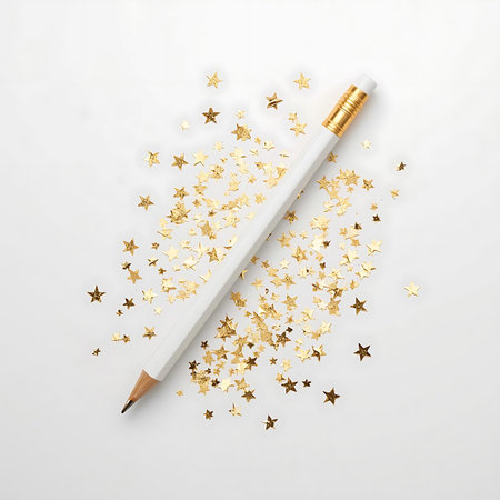 Pencil with golden stars confetti on white background, top viewの素材
