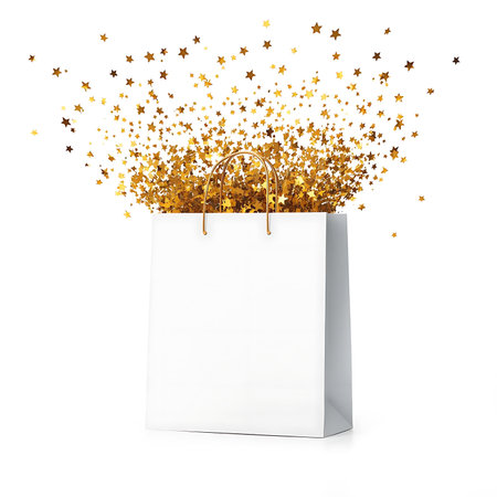Shopping bag with golden stars isolated on white background. 3d illustrationの素材