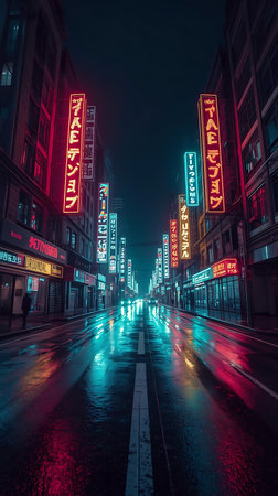 Night view of a street with neon signs in London, UK.の素材