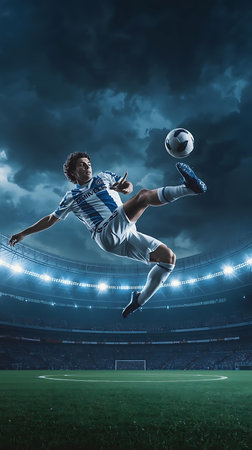 Soccer player on the field of stadium under blue sky with cloudsの素材