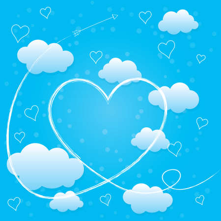 Valentines day card with hearts, arrow and blue volumetric clouds. Trail of Cupid's arrow. Light blue background.のイラスト素材