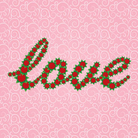 The word "Love" is lined with red flowers. Valentines day card with volumetric flowers. Vintage seamless pattern.のイラスト素材