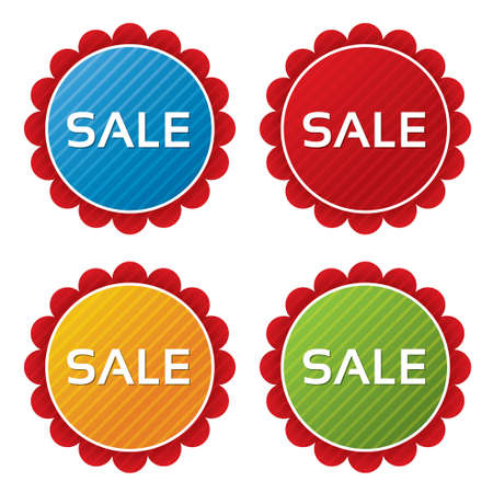 Colorful sale tags (sticker) with texture collection (vector). Icons set. Sale labels illustration (blue, green, red, orange).のイラスト素材