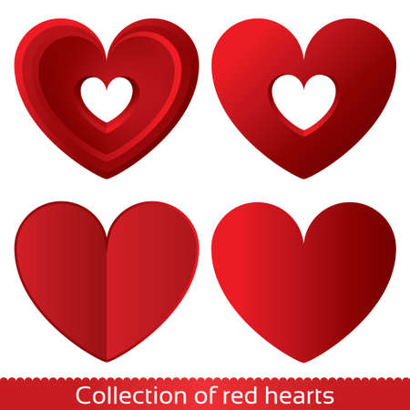 Red paper hearts. Valentines day card on white background. Isolated. set, collection. Geometrical 3d shapes.のイラスト素材