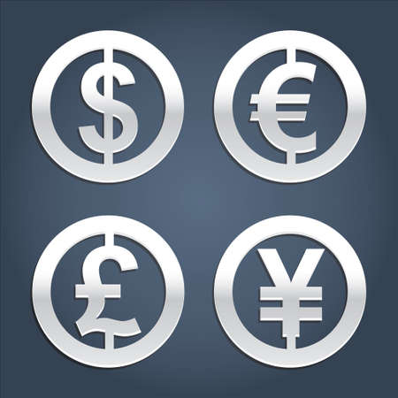 Dollar, Euro, Pound and Yen silver signs vector collection. Set of currency icons. Signs for banking business.のイラスト素材