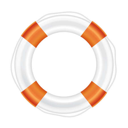White lifebuoy with orange stripes and rope (life salvation). Isolated on white background. Vector illustration.のイラスト素材