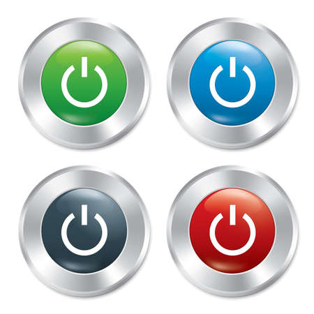 Power button. Vector turn on round stickers collection. Realistic metallic engine icons set. Isolated illustration.のイラスト素材