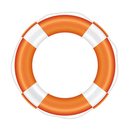 Orange lifebuoy with white stripes and rope (life salvation). Isolated on white background....