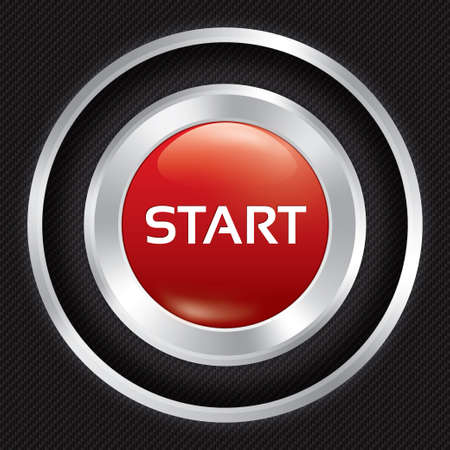 Start button on Carbon fiber background. Vector realistic metallic icon with gradient. Seamless texture.のイラスト素材