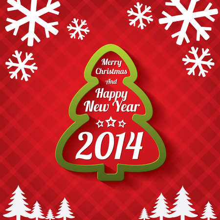 Merry Christmas tree greeting card. Merry Christmas and Happy New Year lettering. Applique background. Vector illustration. 2014.のイラスト素材