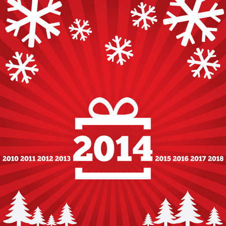 Happy New Year greeting card with flat icons, 2014. Christmas gift, tree, snowflake. Christmas paper gift box. Flat icons.のイラスト素材