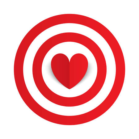 Red paper heart in the center of darts target aim. Valentines day card on white background. Vector illustrationのイラスト素材
