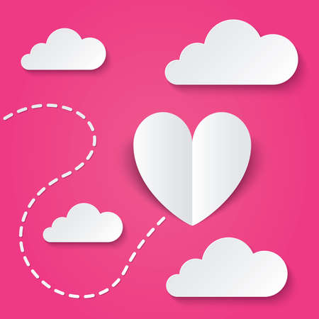 White paper heart Valentines day card. Way to heart. On pink background. Cut from paper clouds. Vector illustrationのイラスト素材