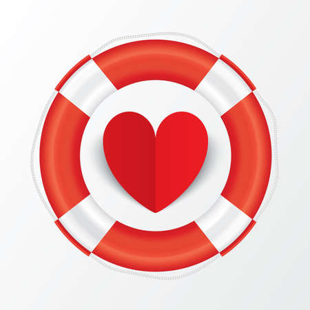 Red paper heart in lifebuoy. Valentines day card on white background. Cut from paper. Vector illustrationのイラスト素材