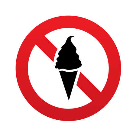 No Ice Cream in waffle cone sign icon. Food symbol. Red prohibition sign. Stop symbol. Vector illustrationのイラスト素材