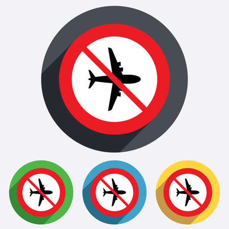 No Airplane sign. Plane symbol. Travel icon. Flight flat label. Red circle prohibition sign. Stop flat symbol. Vectorのイラスト素材