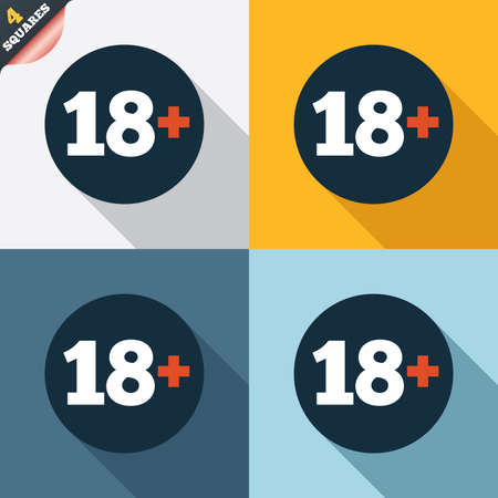 18 plus years old sign. Adults content icon. Four squares. Colored Flat design buttons. Vectorのイラスト素材