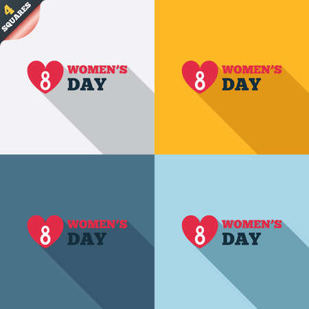 8 March Women's Day sign icon. Heart symbol. Four squares. Colored Flat design buttons. Vectorのイラスト素材