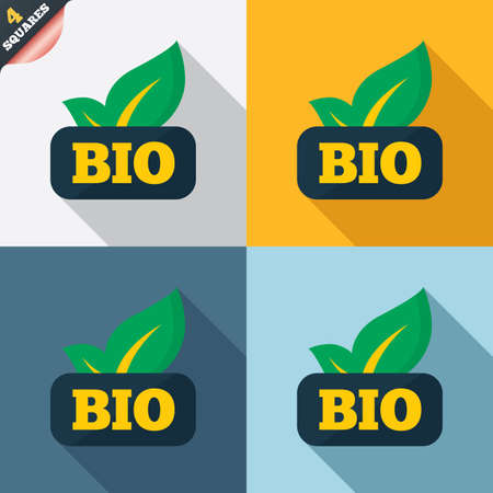 Bio product sign icon. Leaf symbol. Four squares. Colored Flat design buttons. Vectorのイラスト素材