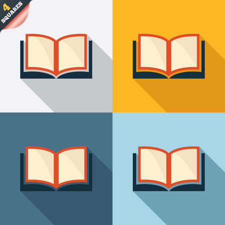 Book sign icon. Open book symbol. Four squares. Colored Flat design buttons. Vectorのイラスト素材