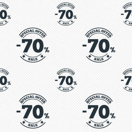 70 percent discount sign icon. Sale symbol. Special offer label. Seamless grid lines texture. Cells repeating pattern. White texture background. Vectorのイラスト素材