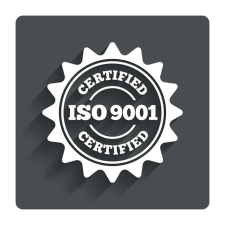 ISO 9001 certified sign icon. Certification star stamp. Gray flat button with shadow. Modern UI website navigation. Vectorのイラスト素材