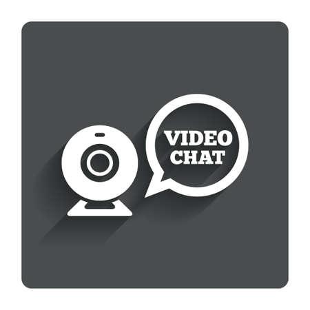 Video chat sign icon. Webcam video speech bubble symbol. Website webcam talk. Gray flat button with shadow. Modern UI website navigation. Vectorのイラスト素材