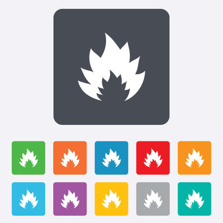 Fire flame sign icon. Heat symbol. Stop fire. Escape from fire. Rounded squares 11 buttons. のイラスト素材