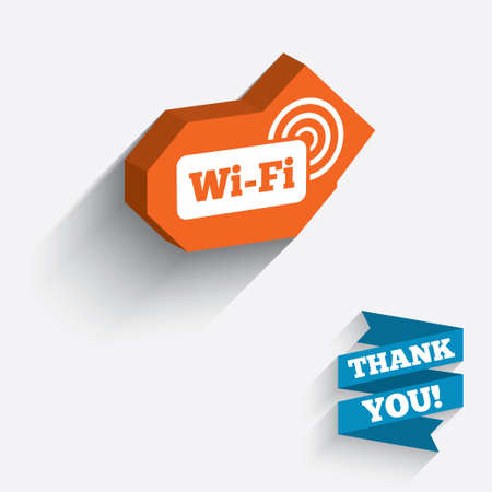 Free wifi sign. Wifi symbol. Wireless Network icon. Wifi zone. White icon on orange 3D piece of wall. Carved in stone with long flat shadow. Vectorのイラスト素材
