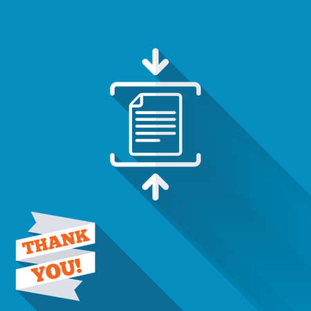 Archive file sign icon. Compressed zipped file symbol. Arrows. White flat icon with long shadow. Paper ribbon label with Thank you text.の写真素材