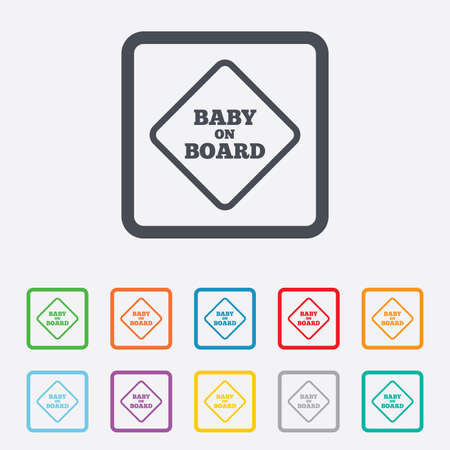 Baby on board sign icon. Infant in car caution symbol. Round squares buttons with frame. Vectorのイラスト素材