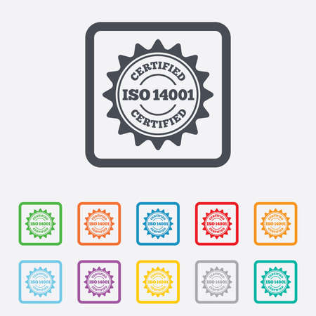 ISO 14001 certified sign icon. Certification star stamp. Round squares buttons with frame. Vectorのイラスト素材