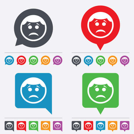 Sad face sign icon. Sadness depression chat symbol. Speech bubbles information icons. 24 colored buttons. Vectorのイラスト素材