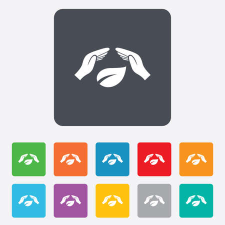 Protection of nature sign icon. Environmental protection symbol. Hands protect cover leaf icon. Rounded squares 11 buttons. のイラスト素材