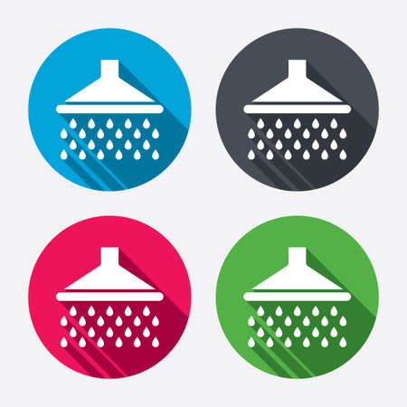 Shower sign icon. Douche with water drops symbol. Circle buttons with long shadow. 4 icons set. Vectorのイラスト素材