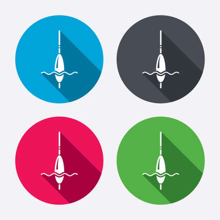 Fishing sign icon. Float bobber symbol. Fishing tackle. Circle buttons with long shadow. 4 icons set. Vectorのイラスト素材