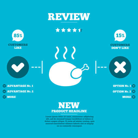 Review with five stars rating. Roast chicken sign icon. Hen bird meat symbol. Customers like or not. Infographic elements. Vectorのイラスト素材