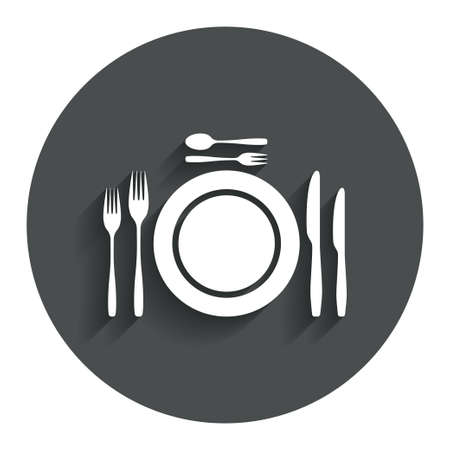 Plate dish with forks and knifes. Dessert trident fork with teaspoon. Eat sign icon. Cutlery etiquette rules symbol. Gray flat button with shadow. Modern UI website navigation. Vectorのイラスト素材