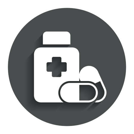 Medical pills bottle with cross sign icon. Pharmacy medicine drugs symbol. Gray flat button with shadow. Modern UI website navigation. Vectorのイラスト素材