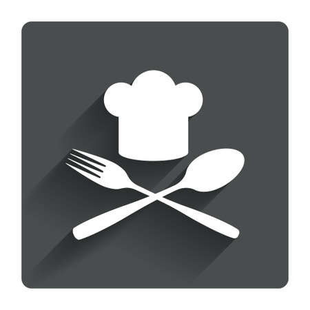 Chef hat sign icon. Cooking symbol. Cooks hat with fork and spoon. Gray flat square button with shadow. Modern UI website navigation. Vectorのイラスト素材