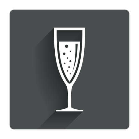 Glass of champagne sign icon. Sparkling wine with bubbles. Celebration or banquet alcohol drink symbol. Gray flat square button with shadow. Modern UI website navigation. Vectorのイラスト素材